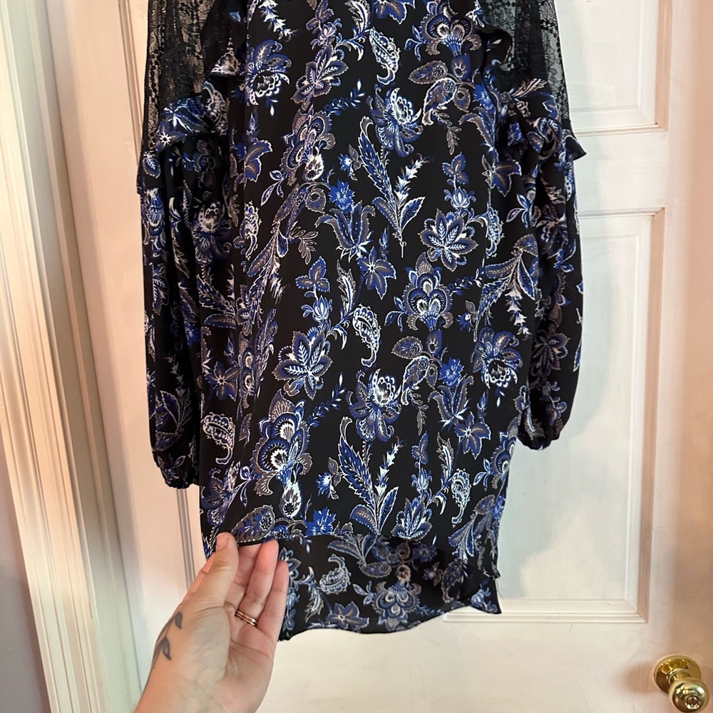 Cato Black Blouse with Blue and White Floral Print